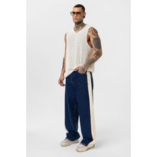 Vamos Yan Şeritli Baggy Fit Jean Mavi