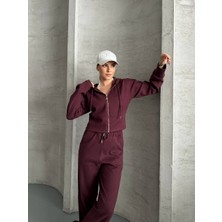 Trendparis Kadın Fermuarlı Kapüşonlu ve Bol Paça Selanik Kumaş Eşofman Takımı