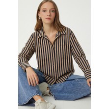 Happiness İstanbul Çizgili Dokuma Gömlek LXA0033 Bisküvi Lacivert