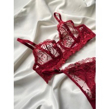 Evelina Lingerie Kırmızı Balenli Brode Sütyen Takım