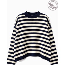 Mixray 7016 Kadın Çizgili Oversize Basic Triko Kazak Lacivert