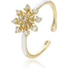 SERENES Zirkon Taşlı Kar Tanesi Motifli Mineli 14 Ayar Altın Rengi Kaplama Ayarlanabilir  Kadın Yüzük