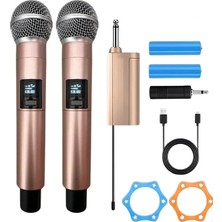 Vothoon Profesyonel Çiftli Kablosuz Mikrofon Seti Karaoke Şarj Edilebilir 50 Metre Mesafe Rose