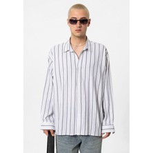 Vamos Çizgili Uzun Kollu Oversize Keten Gömlek Gri