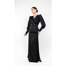 Klex Kadın Saten Görünümlü Uzun Etekli Takım – Incili Düğmeli Bluz & Maxi Etek