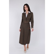 Klex Kadın Ekose Desenli Kemer Detaylı Yelek Etek Ceket Takım – Kruvaze Kısa Ceket & Midi Etek