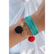 Ayder Timya Turkuaz Renk Kar Tanesi Figür Zincir Detay İpli Çoklu Bileklik - TJ-BB6346 TG/Tmya1395 217934