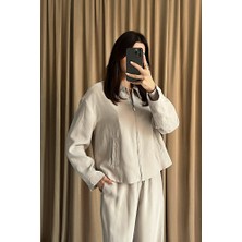 Klex Kadın Fermuarlı Ceket ve Bağcıklı Geniş Paça Pantolon Ikili Takım Günlük Kombin-Beyaz - L