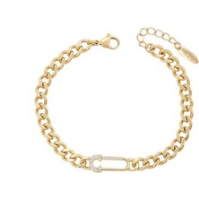 SERENES Zirkon Taşlı Modern Kilit Formlu 14 Ayar Altın Kaplama Kadın Bileklik