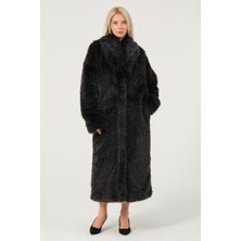 Eva Clothing Kadın Siyah Lüks Uzun Suni Kürk Kaban