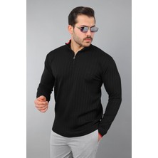 Masso Erkek Uzun Kol Dik Yaka Biyeli Yarım Fermuar Kendinden Desenli Triko