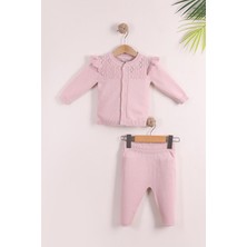 Kidello Pembe Fırfırlı Düğmeli Hırka Triko Kız Takım Pamuk 3-6 6-9 9-12