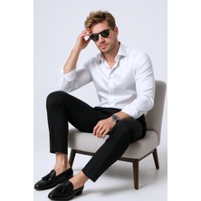 MD1974 Slim Fit Pamuk Saten Gizli Yaka Düğmeli Kolay Ütülenebilir Beyaz Erkek Gömlek