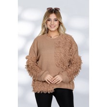 Newco Kadın Patchwork Tasarımlı Dokulu Triko Kazak - Oversize ve Rahat Formlu - Bej