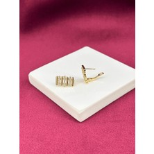 Calista Aksesuar 14K Altın Renkli Taşlı Merdiven Şekilli Gold Küpe