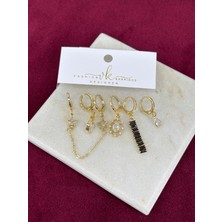 Calista Aksesuar Parlak Taş Detaylı Siyah Renkli Geometrik Altılı Set Gold Küpe