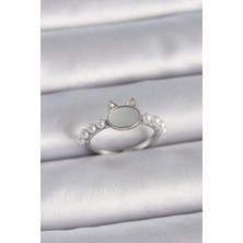 Ayder Timya Pirinç Gümüş Renk Ayarlanabilir Beyaz Mineli Kedi Model Inci Detay Kadın Yüzük - TJ-BYK3387 TG/TMYA1395 218404