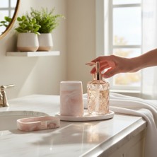 Odi Home 4 Lü Taş & Cam Banyo Seti Beyaz - Kahverengi Mermer Desenli 4'lü Sabunluk Seti 18 cm