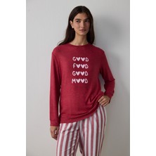 Penti Bordo Good Mood Slogan Baskılı  Termal Etkili Sweatshirt Pijama Üstü
