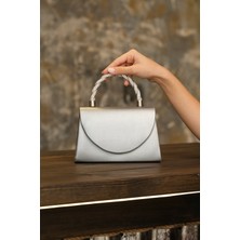 Roza Çanta Kadın Gümüş Kumaş Abiye Taş Detaylı Sap Zincir Askı Dügün Gece Çantası