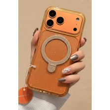 Fibaks iPhone 17 Pro Kılıf Simli Turuncu Saydam Arkası Sert Magsafe Halka Stand Olabilen 360 Dönen