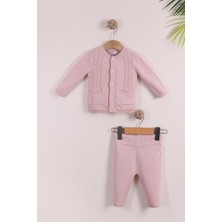 Kidello Gül Kurusu Pamuk Düğmeli Cepli Yaka Kız Bebek Triko Takım – Hasır Desenli 0-3 Ay,3-6 Ay, 6-9 Ay