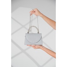 Roza Çanta Gümüş Simli Kadın Abiye Taş Detaylı Sap Zincir Askı Dügün Gece Çantası