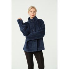 Dofi Kadın 1638 Düğmeli Mont - Indigo, Kalın, Sıcak Tutan