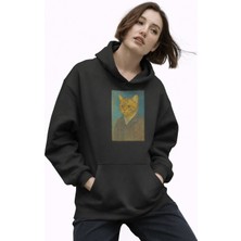 Muhtar Store Kadın Van Gogh Kedi Portresi Baskılı Siyah Hoodie – 3 Iplik Şardonlu Kapüşonlu Sweatshirt
