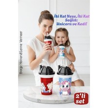 Modacar Çocuk Pipetli Bardak Seti 2'li Unicorn & Kedi Figürlü Ikili Eğlenceli Kapaklı Suluk Matara 300 ml
