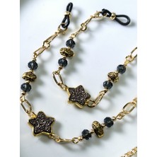 Gözlük Zinciri Kadın – Altın Kaplama Zincirli, Kristal ve Hematit Boncuklu El Yapımı Thinblack