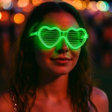 Go İthalat Yeşil LED Işıklı Kalp Gözlük - 3 Modlu Parti - Glow Gözlüğü (5250)