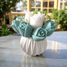 Hediye İstasyonum Turkuaz & Beyaz Lale Buketi Mum – El Yapımı Taş Tozu Vazo