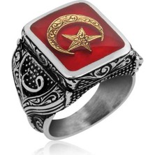 Gumush Gümüş Kırmızı Ay Yıldız Erkek Yüzük