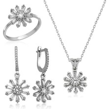 Gumush Gümüş Trapez Taşlı  Çiçek Bayan Set