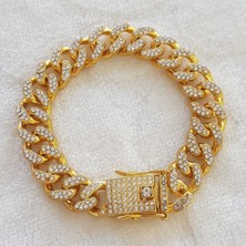 Canka 2 cm Taşlı Cuban Gold Bileklik Unisex
