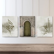 Artarilion Dikey 3'lü Kanvas Tablo Allahu Ekber Elhamdulillah Yesil Dini Islami Tablo Dekor