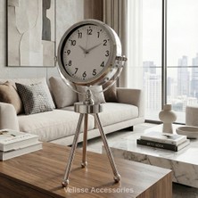 Velisse Accessories Dekoratif Krom Tripod Ayaklı Metal Masa Saati - Sessiz Akar Mekanizma (45X25 Cm)