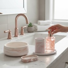 Odi Home 5 Li Taş & Cam Banyo Seti Sıvı Sabunluk Diş Fırçalık Kase Tepsi Set Beyaz - Kahve Mermer Desenli