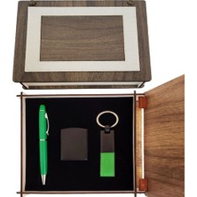 LTG Nova Özel Ahşap Kutulu Yeşil Anahtarlık Kalem ve Çakmak Set