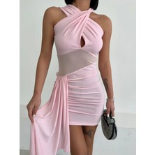 Qutta Kadın Beli Tül Çapraz Askılı Büzgülü Kolsuz Mini Sandy Elbise