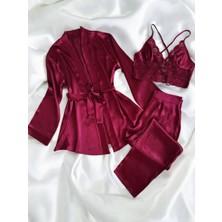 Çeyize Dair Herşey Bordo Rüya – Saten Sabahlıklı 3’lü Takım