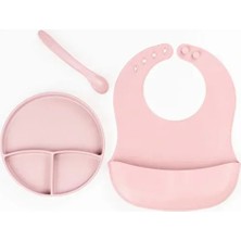 Pazarcan Pembe 3’lü Silikon Yemek Seti – Önlük + Diş Kaşıyıcılı Kaşık + Vakumlu Tabak