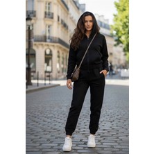 Yusgos Kadın Fermuarlı Likralı Desenli Kapüşonlu Slim Eşofman Takımı