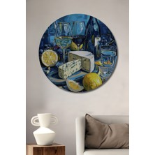 Teona Ahşap Lezzetli Şarap Peynir ve Meyve Tabağı Yağlı Boya Görünümlü Ahşap Dekoratif Tablo Yuvarlak Duvar Tablosu