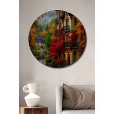 Teona Ahşap Sonbahar Esintili Viktorya Dönemi Ev Manzarası Yağlı Boya Görünümlü Ahşap Dekoratif Tablo Yuvarlak Duvar Tablosu