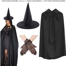 Marsilyan 120 cm Siyah Yakalı Cadı Pelerini Cadı Şapkası ve 1 Çift Siyah Kısa File Tüm Eldiven Seti 3 Parça (4887)