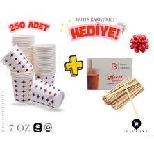 Valtore Karton Bardak-Kağıt Bardak-7 Oz 250 Adet-Isıya Dayanıklı-Gıda Ile Temasa Uygun Tahta Karıştırıcı Hediyeli