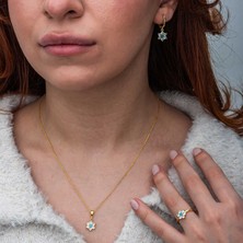 Gumush Gümüş Mavi Taşlı Gold Çiçek Kadın Set