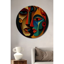 Teona Ahşap Soyut Yüzler Yağlı Boya Görünümlü Ahşap Dekoratif Tablo Yuvarlak Duvar Tablosu